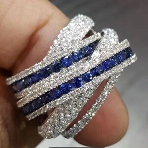 18k White Gold Finish & BlueSapphire & Clear Pave’ Crystal Ring 6